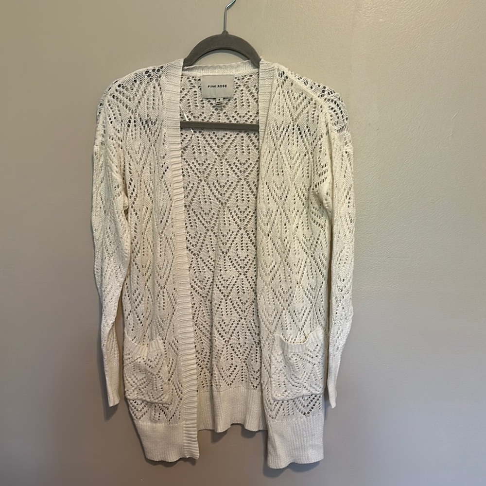 Pink Rose Cream Crochet Cardigan Sweater